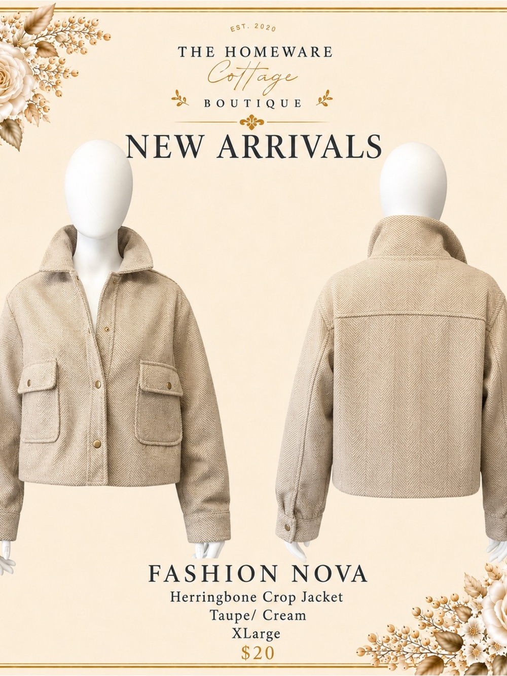 Fashion Nova Taupe/Cream Herringbone Crop Jacket